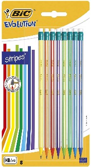 BIC Matite HB Grafite con Gomma, Evolution Stripes, Colori del Fusto Assortiti, Confezione da 8 Matite 7 euro